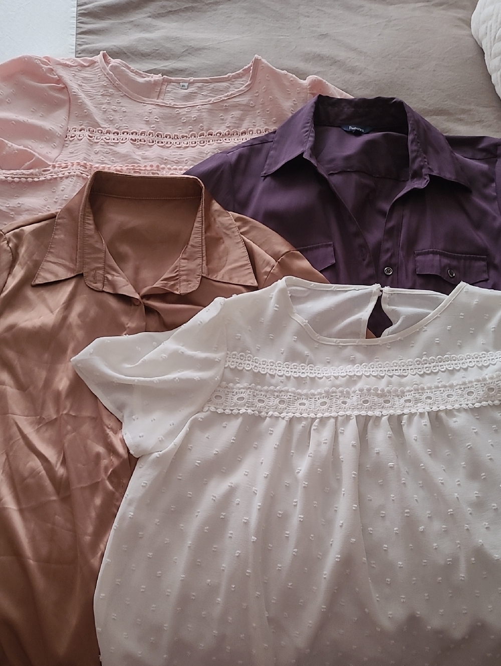 White, Pink Swiss Dot Lace Yoke Blouses, Tan satin and Purple button up.